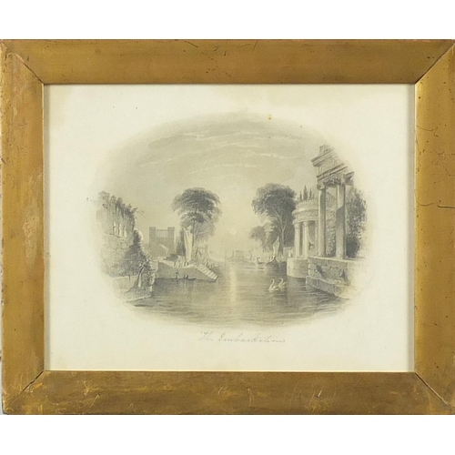 2239 - The Embarkation, early 19th century Italian school pencil and wash, label verso, framed, 20.5cm x 15... 