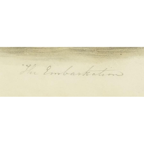 2239 - The Embarkation, early 19th century Italian school pencil and wash, label verso, framed, 20.5cm x 15... 