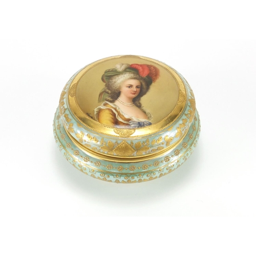 2068 - French porcelain powder pot and cover, the lift off lid finely hand painted with a portrait of Marie... 