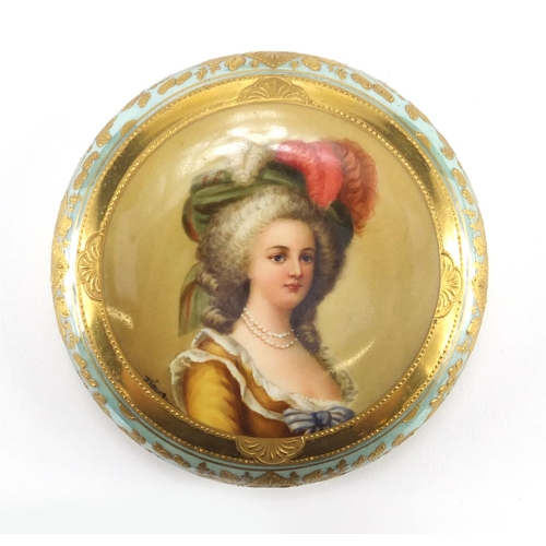 2068 - French porcelain powder pot and cover, the lift off lid finely hand painted with a portrait of Marie... 