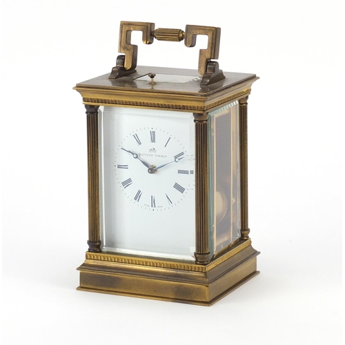 2056 - Large brass cased repeating carriage clock striking on a gong by Matthew Norman, the enamelled dial ... 