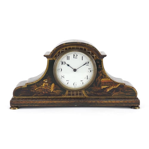 2066 - Black lacquered mantel clock gilded in the chinoiserie manner, the enamelled dial with Arabic numera... 