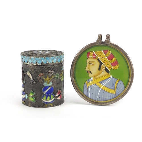 2416 - Middle Eastern silver coloured metal and enamel pot together with a 925 silver pendant housing a min... 