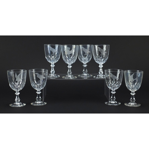 2149 - Set of eight cut glasses, etched with birds, each 15cm high
