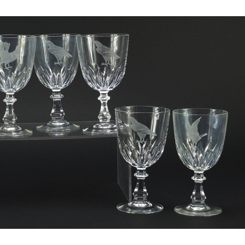 2149 - Set of eight cut glasses, etched with birds, each 15cm high