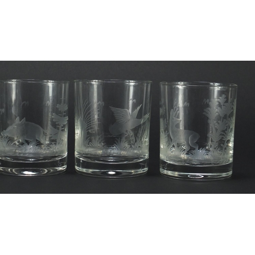 2264 - Set of four glass tumblers, etched with animals and birds, each 9cm high