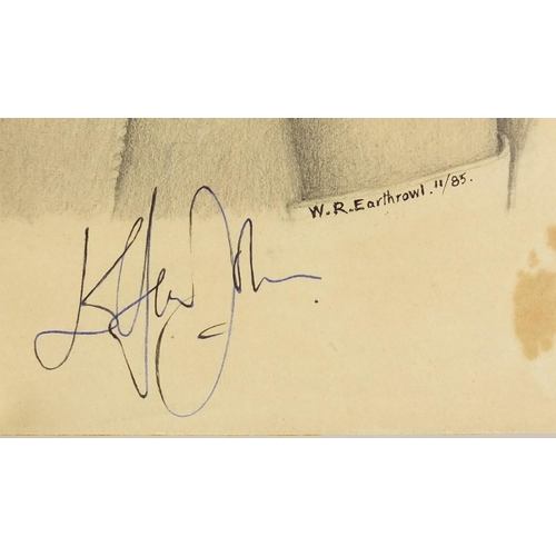 2498 - W R Earthrowl - Head and shoulders portrait of Elton John, pencil on card, signed in ink by Elton Jo... 
