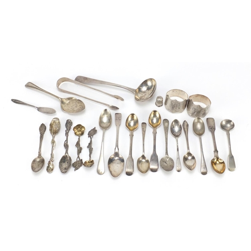 2534 - Georgian and later silver flatware including a ladle, sugar tongs, napkin rings and teaspoons, vario... 