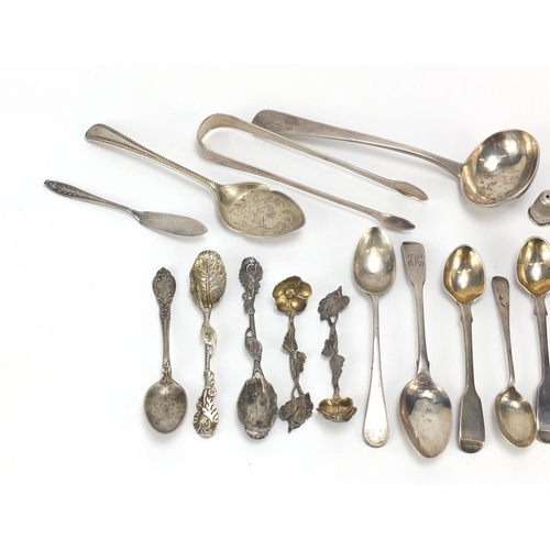 2534 - Georgian and later silver flatware including a ladle, sugar tongs, napkin rings and teaspoons, vario... 