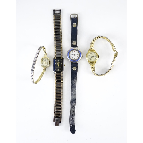 2608 - Four vintage ladies wristwatches comprising Omega, Rado, Smiths and one silver and enamel