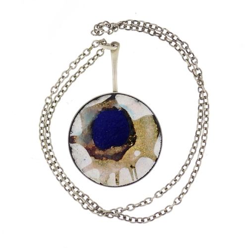 2606 - Danish silver and enamel pendant on chain by Borge Nielsen, the pendant 8.5cm in length