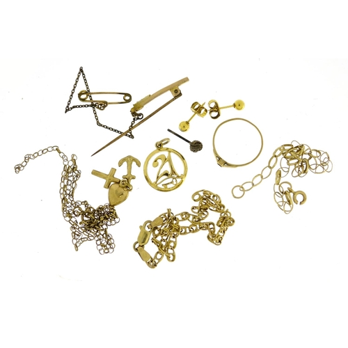 2593 - Mostly 9ct gold jewellery including bracelet, necklace and earrings, 9.0g