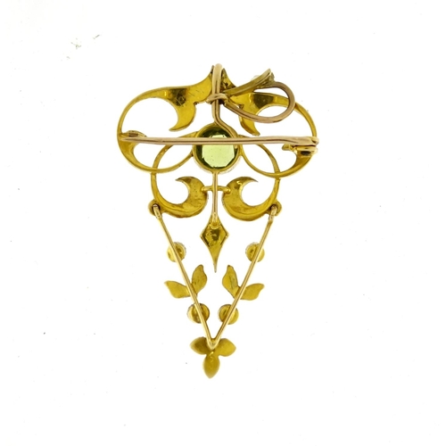 2576 - Art Nouveau unmarked gold peridot and seed pearl pendant brooch, 4.5cm in length, 4.2g