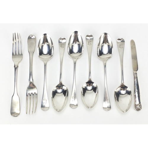 2535 - Georgian and later silver flatware comprising a pair of Georgian forks, set of six Victorian spoons ... 