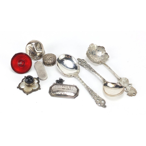 2511 - Silver and white metal objects including a pair of continental silver spoons, spinning top, pill box... 