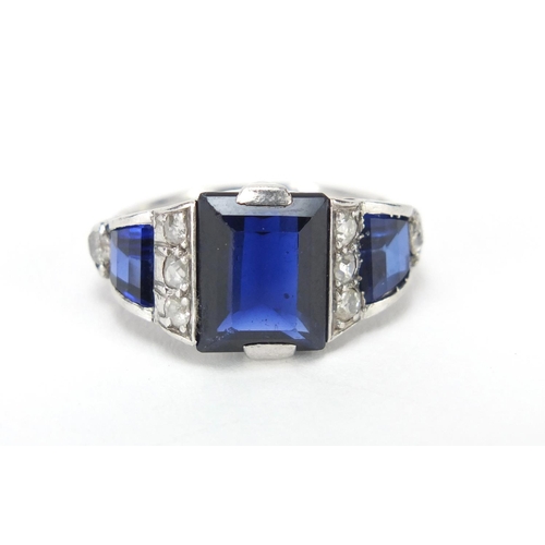 2559 - Art Deco unmarked white metal sapphire and diamond ring, size I, 5.4g