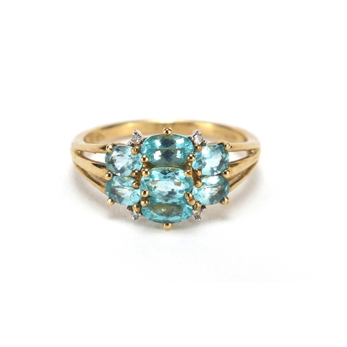 2599 - 9ct gold blue stone and diamond ring, size M, 2.3g