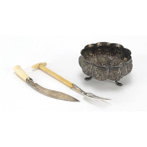 2514 - Indian unmarked silver three footed bowl, miniature silver and ivory Gurkha's knife and a similar fo... 