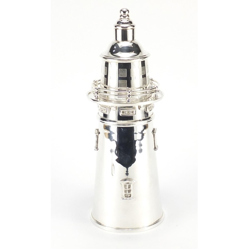 2246 - Art Deco style silver plated cocktail shaker in the form of a lighthouse, 36cm high
