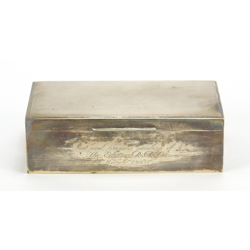 2499 - Rectangular silver cigar box, the hinged lid with engine turned decoration, Birmingham 1959, 16cm in... 
