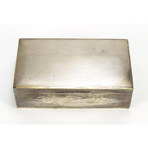 2499 - Rectangular silver cigar box, the hinged lid with engine turned decoration, Birmingham 1959, 16cm in... 