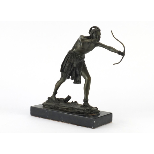 2098 - Patinated bronze figure of an African tribesman with a bow, raised on a rectangular black marble bas... 