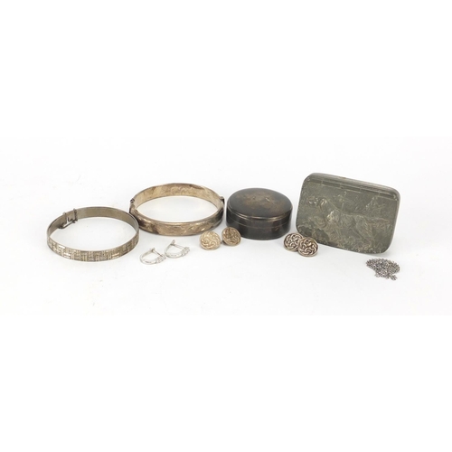 2529 - Objects including two silver bangles, silver box and a pewter snuff box, 7cm wide
