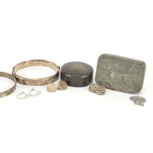 2529 - Objects including two silver bangles, silver box and a pewter snuff box, 7cm wide
