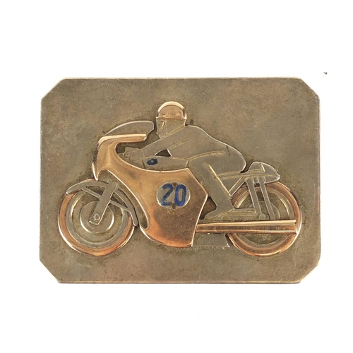 2456 - Unmarked silver motorbike design buckle, 8.5cm wide, 135.0g