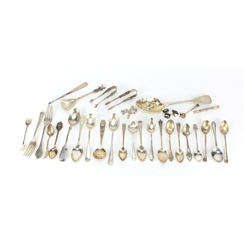 2527 - Collection of silver spoons and forks including a Georgian berry spoon, 21.5cm in length, 480.0g