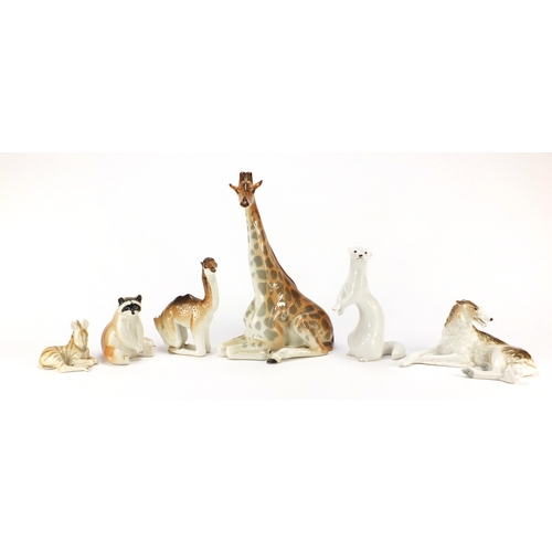 2266 - Russian china USSR animals including a giraffe, weasel and camel, the largest 30 cm high