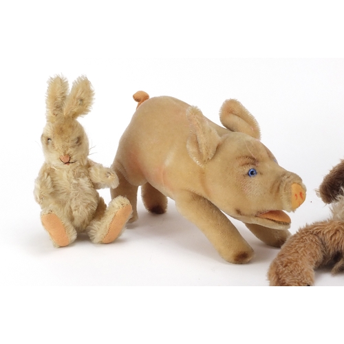 2187 - Two Steiff animals and a fox hand puppet, the largest 8cm in length