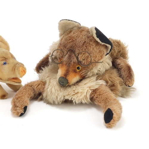 2187 - Two Steiff animals and a fox hand puppet, the largest 8cm in length