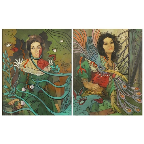 2163 - Swenson - Surreal females, pair of oil on canvases, inscribed verso, framed, each 60.5cm x 49cm