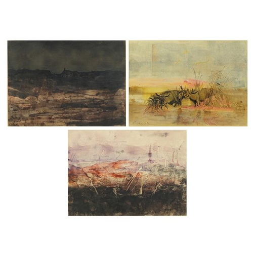 2458 - Abstract compositions, landscapes, three watercolours, each bearing an indistinct signature, mounted... 
