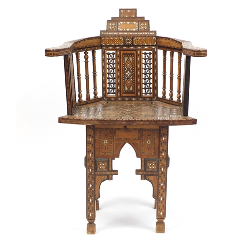 2001 - Moorish design elbow chair, with geometric parquetry inlay, probably Syrian, 88cm high