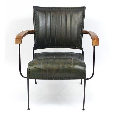 2005 - Industrial style metal framed armchair with leather upholstery, 74cm high