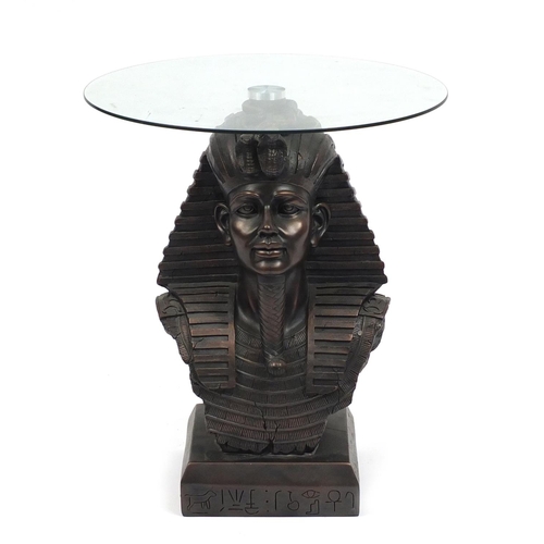 2013 - Bronzed Tutankhamun coffee table with glass top, 53cm high x 47cm in diameter