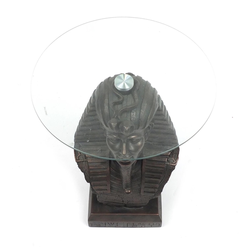 2013 - Bronzed Tutankhamun coffee table with glass top, 53cm high x 47cm in diameter