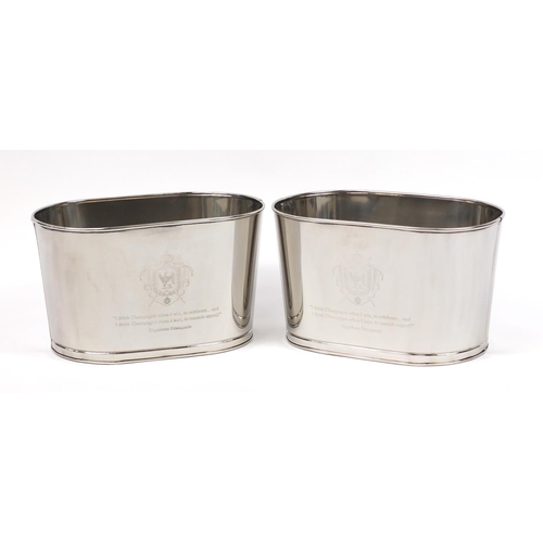 2129 - Large pair of aluminium champagne ice buckets, engraved with Napoleon Bonaparte quotes, each 44cm wi... 