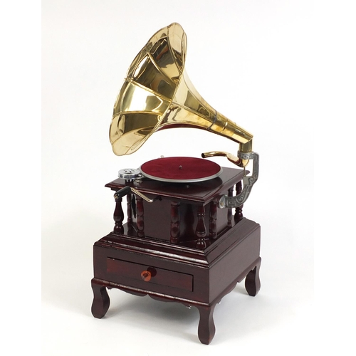 2023 - Retro wind up gramophone with brass horn and base drawer, 90cm high