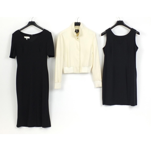 2143 - Two vintage Gino Cerutti black dresses and a Calvin Klein cashmere jacket, the dresses sizes 38 and ... 