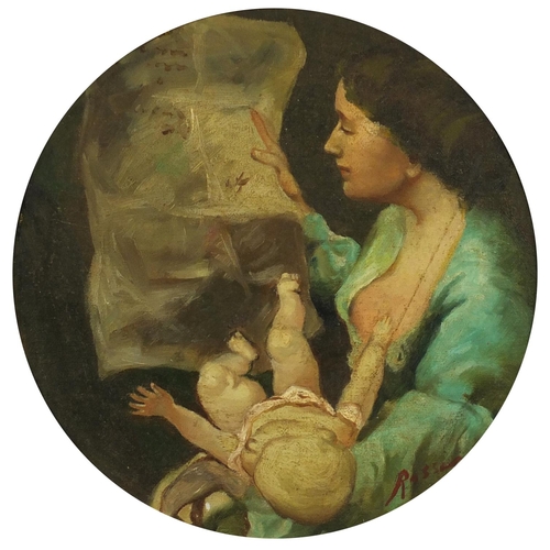 2192 - Mother and child, Italian impressionist school circular oil on board, bearing a signature Rossi, mou... 