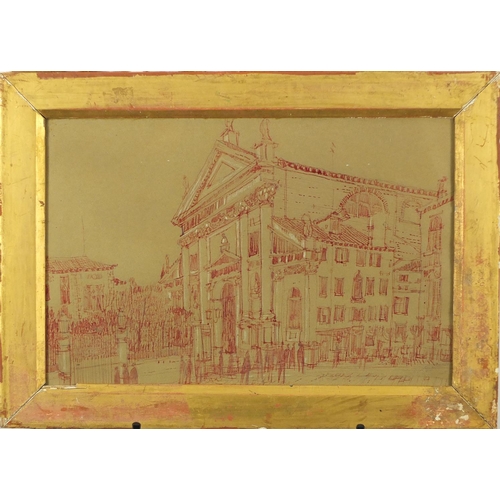 2543 - Manner of Walter Sickert - Figures outside of an official building, mixed media on paper, inscribed ... 