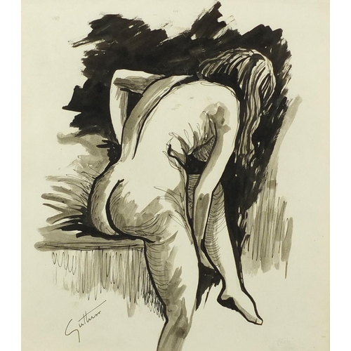 2195 - Portrait of a nude female, ink and watercolour, bearing a signature Guttuso, framed, 30.5cm x 27cm