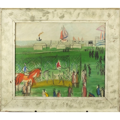 2497 - Horse racing scene, oil on board, bearing a signature R Dufy, framed, 44cm x 36cm
