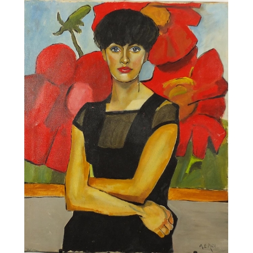 2084 - Portrait of a female, oil on canvas, bearing a signature A E Rice, unframed, 61cm x 51cm
