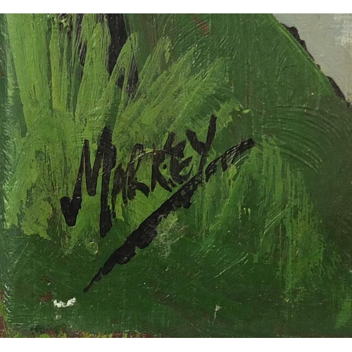 2198 - After Markey Robinson - Figures bedside water before buildings, Irish school oil on canvas, unframed... 