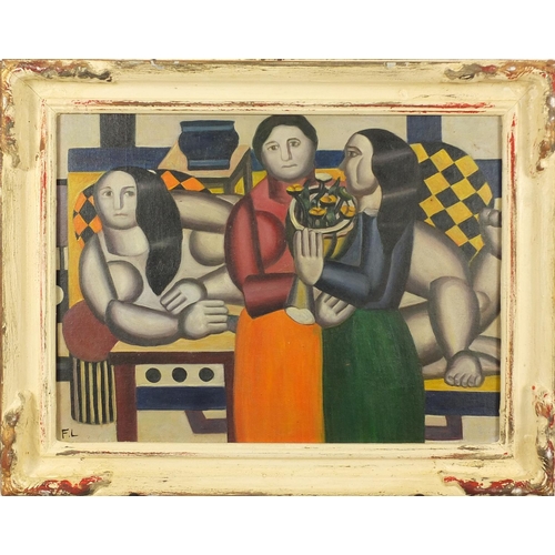 2081 - Three surreal figures, French impressionist oil on board, bearing a monogram FL, framed, 39cm x 28.5... 