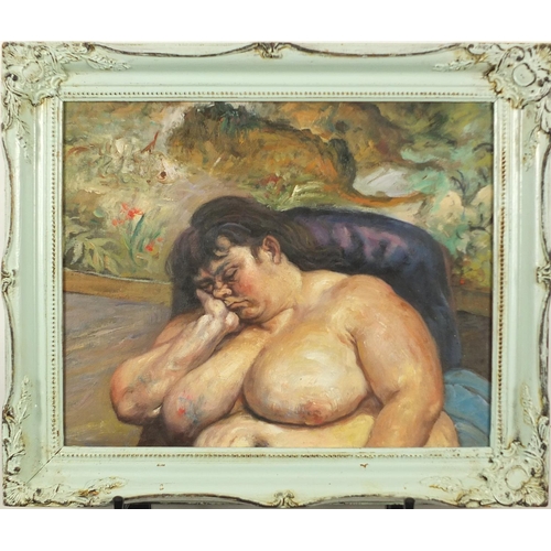 2080 - Portrait of a nude female in a chair, oil on board, bearing an inscription Freud verso, framed, 37cm... 